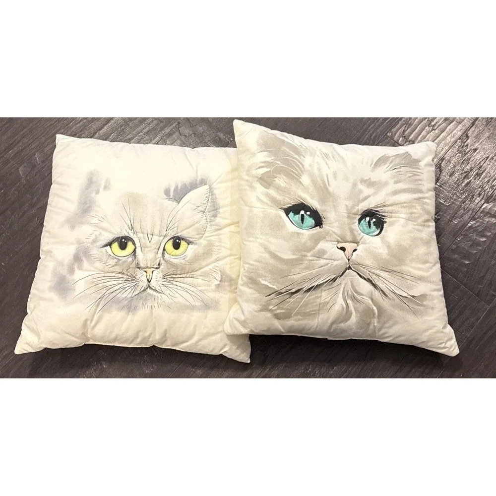 Cat Kitten‎ Kitty Pillows Pillow Set Of 2 Blue Yellow Eyes Vintage Siamese MCM